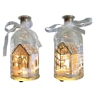 GIOCOPLAST NATALE - BOTTIGLIA VETRO DECORATA 16,5 CM, CON CASETTA LEGNO, CON GOCCE DI LED BIANCO CALDO A BATTERIE, MOD. ASS.