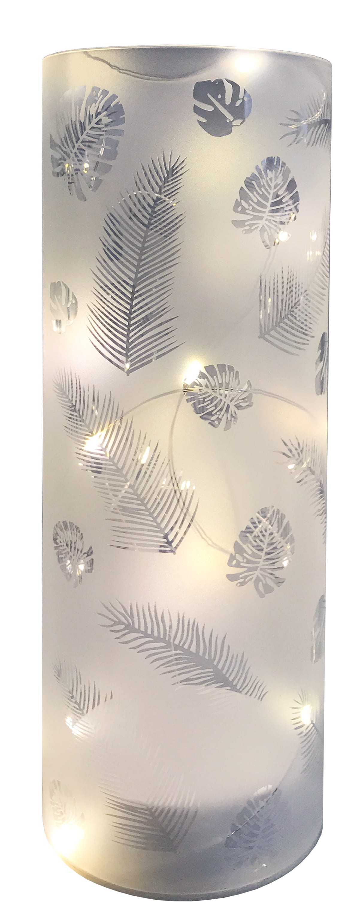 GIOCOPLAST NATALE - CILINDRO VETRO FROST DECORATO H.30 CM D.9 CM CON GOCCE DI LED A BATTERIE