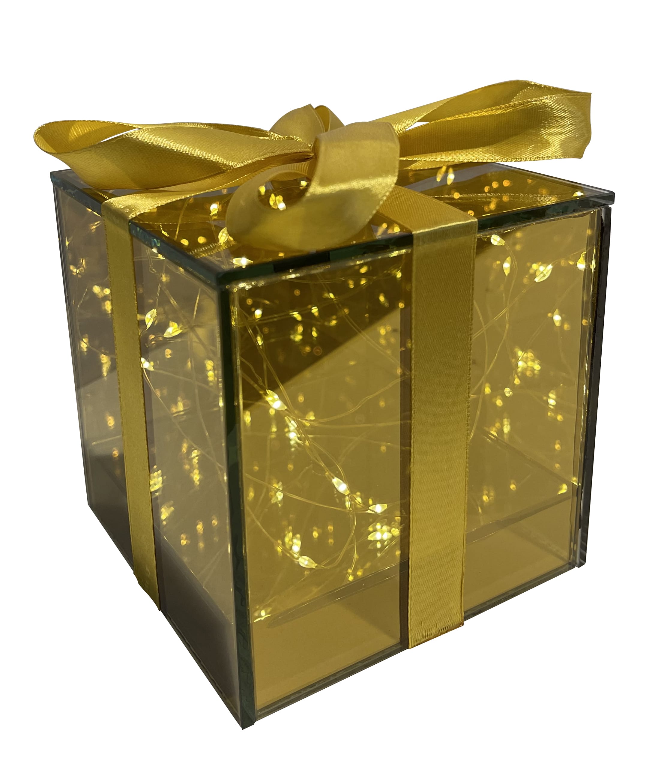 GIOCOPLAST NATALE - PACCO REGALO VETRO GOLD DESIGN 10 CM CON GOCCE DI LED A BATTERIE