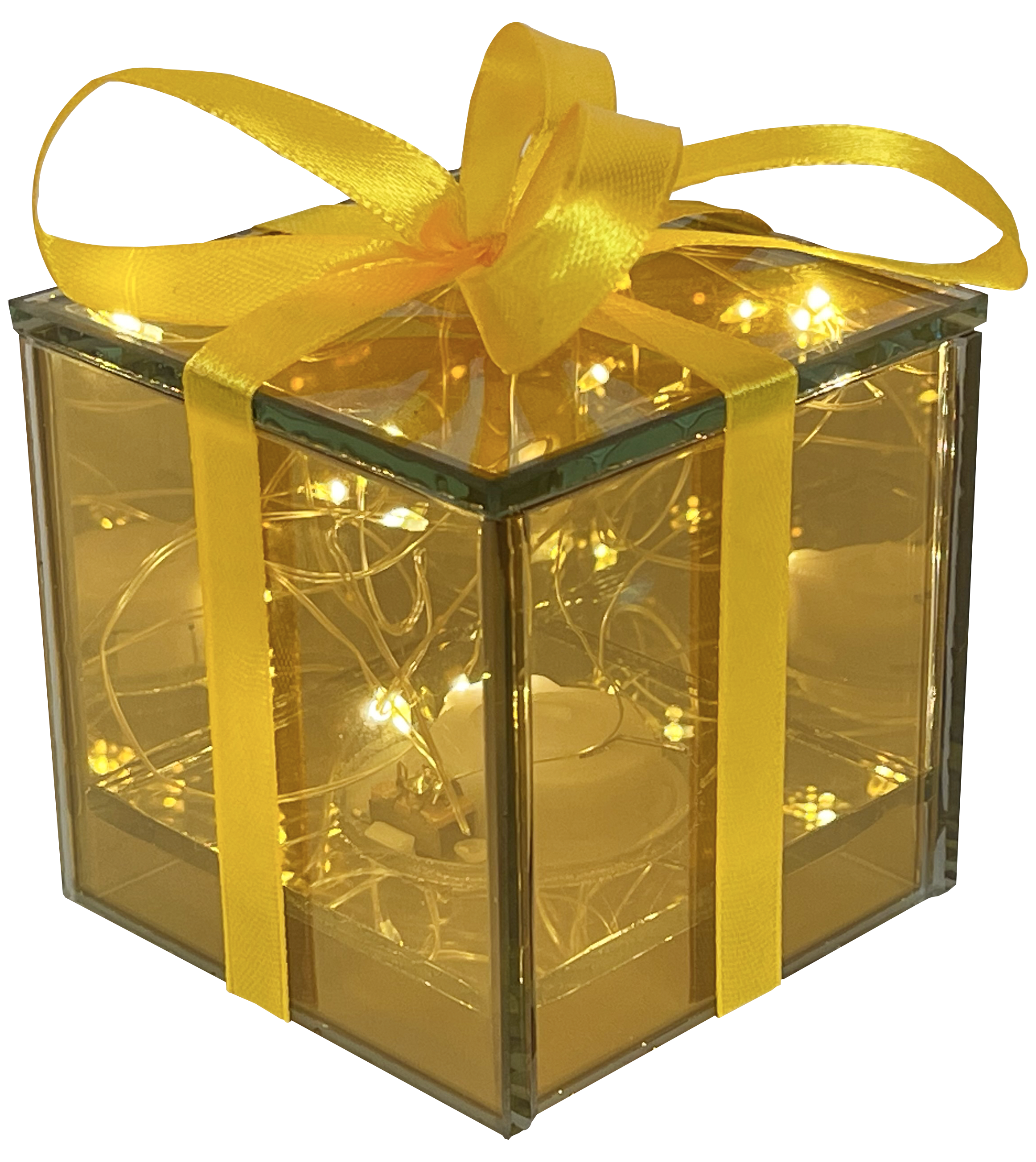 GIOCOPLAST NATALE - PACCO REGALO VETRO GOLD DESIGN 7 CM CON GOCCE DI LED, BATT. INCL.