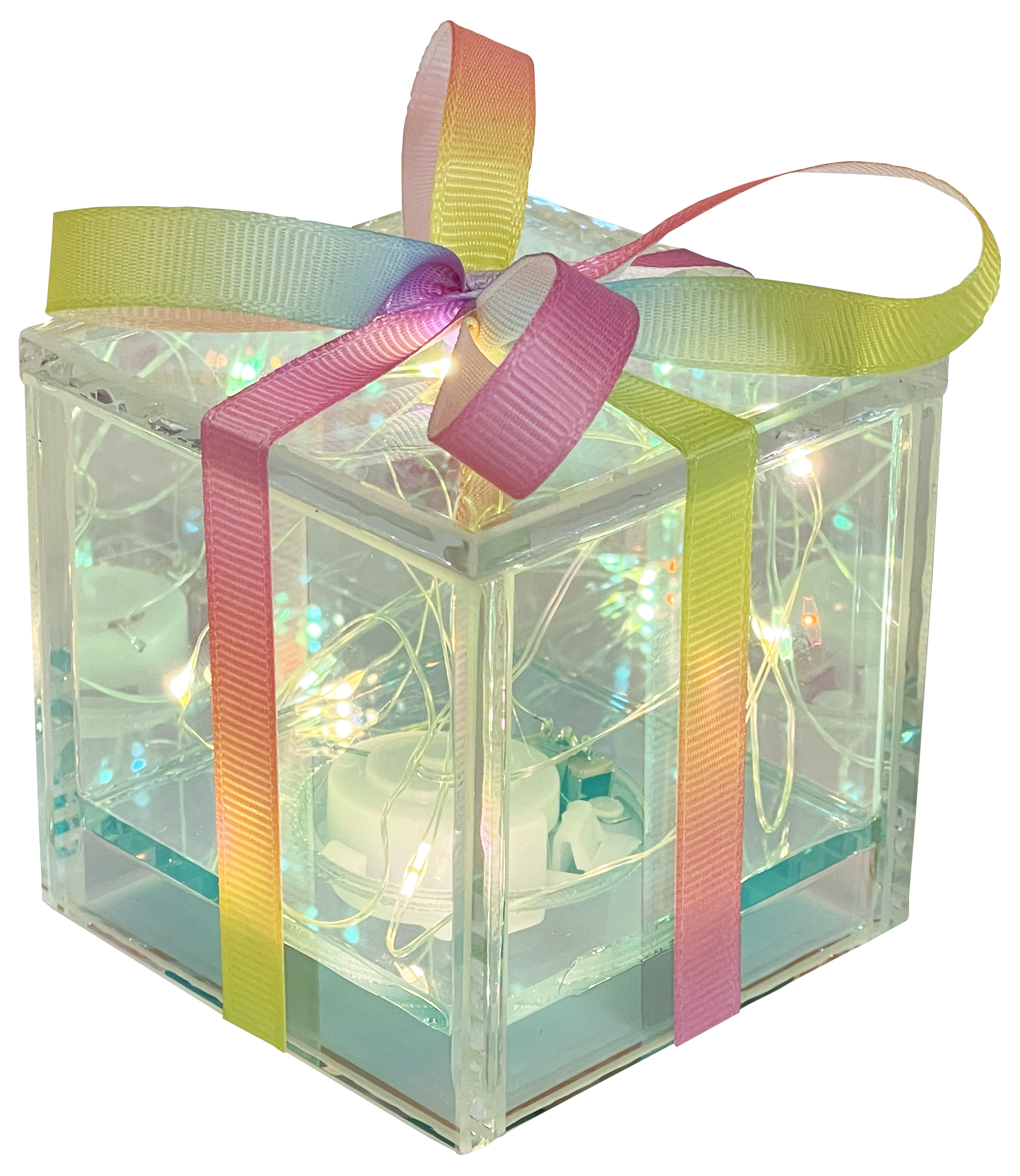 GIOCOPLAST NATALE - PACCO REGALO VETRO CRYSTAL DESIGN 7 CM CON GOCCE DI LED, BATT. INCL.