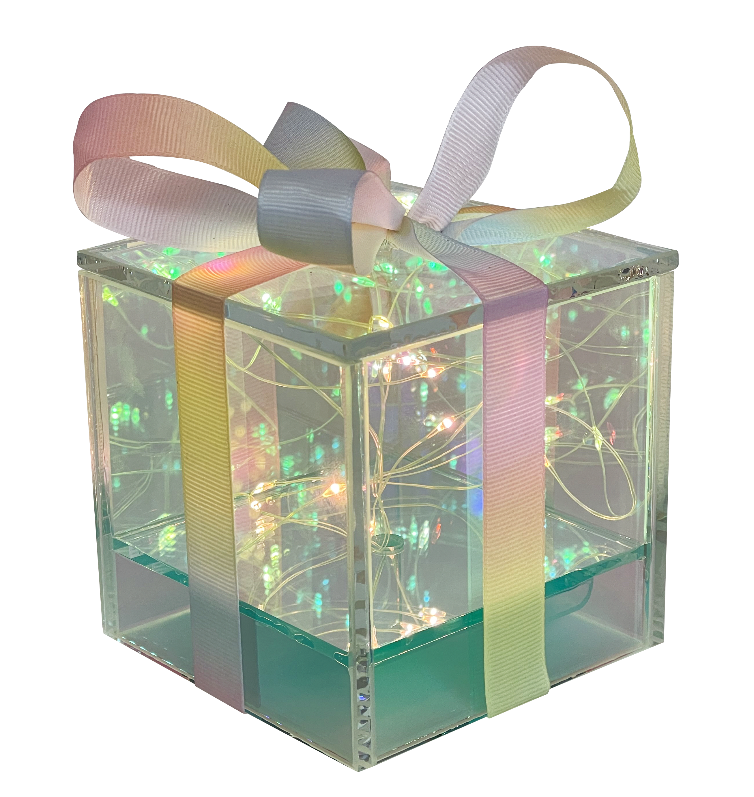 GIOCOPLAST NATALE - PACCO REGALO VETRO CRYSTAL DESIGN 10 CM CON GOCCE DI LED A BATTERIE