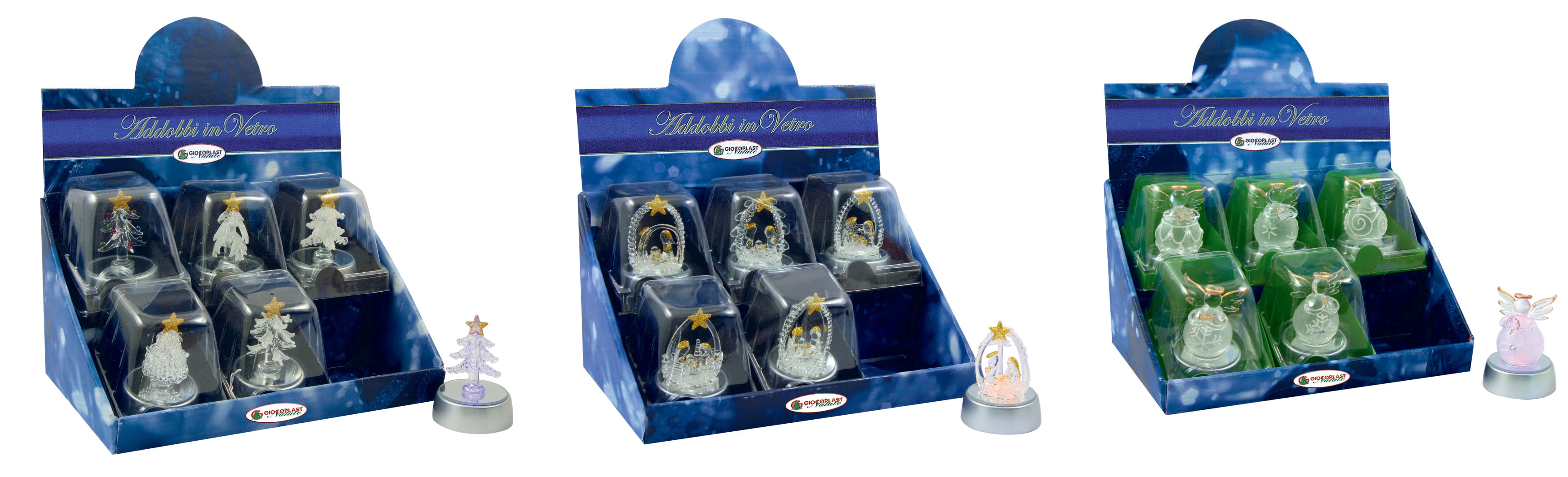 GIOCOPLAST NATALE - ANGELI, NATIVITA' E ALBERINI VETRO, IN EXPO DA 6PZ., CM.9 C/LED (BATT. INCL.)