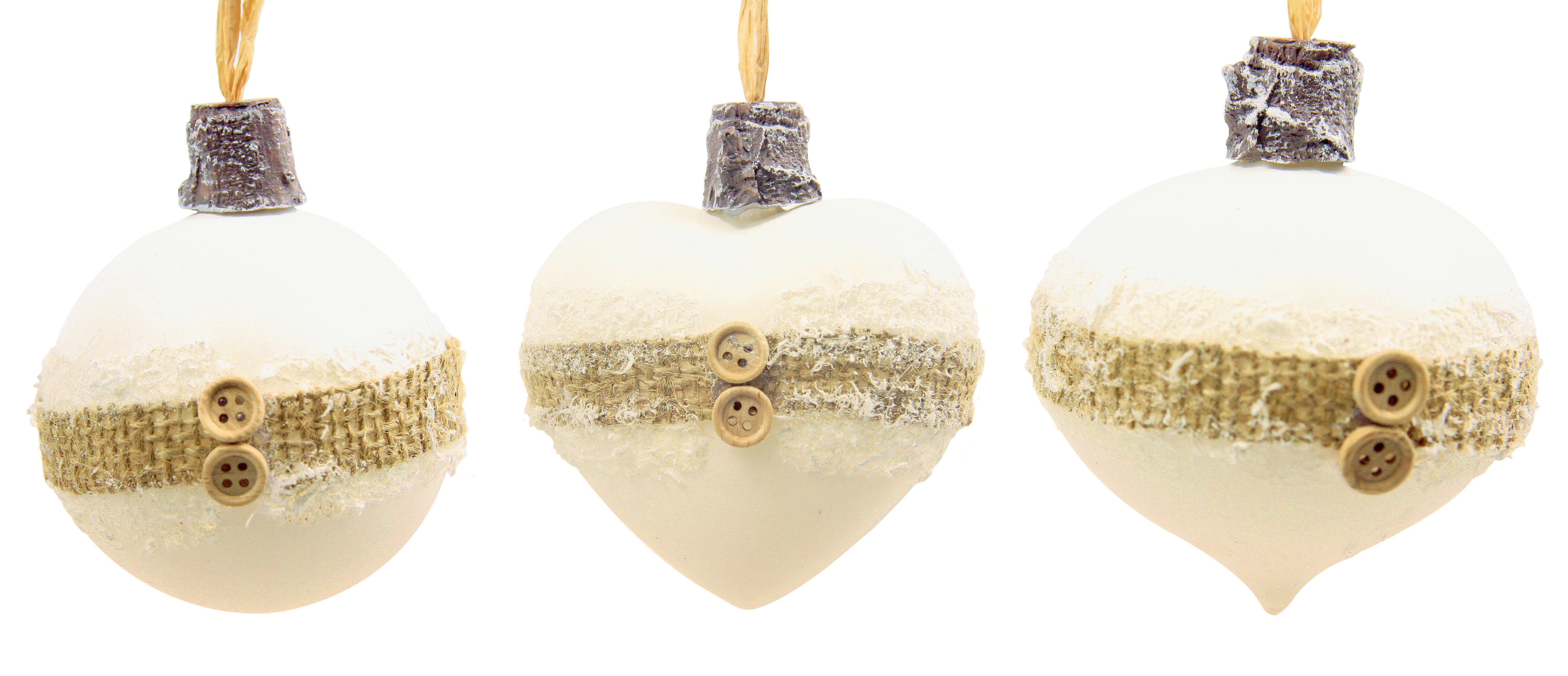 GIOCOPLAST NATALE - SFERA VETRO D.80 BIANCA DEC. JUTA, 3 FORME ASS., IN DISPLAY DA 12PZ.