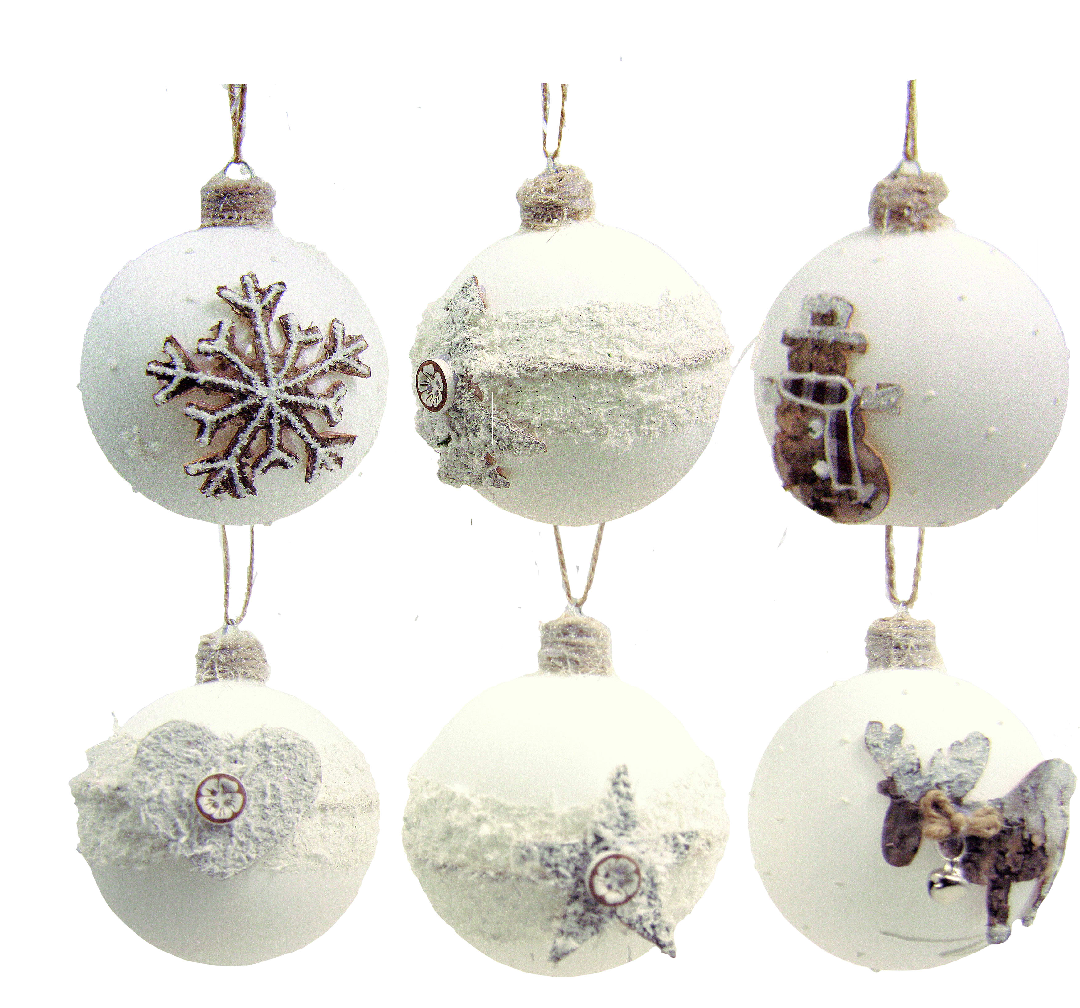 GIOCOPLAST NATALE - SFERA VETRO D.80 BIANCA DEC. SUGHERO IN RILIEVO, 6 SOGG. ASS., IN DISPLAY DA 12PZ.