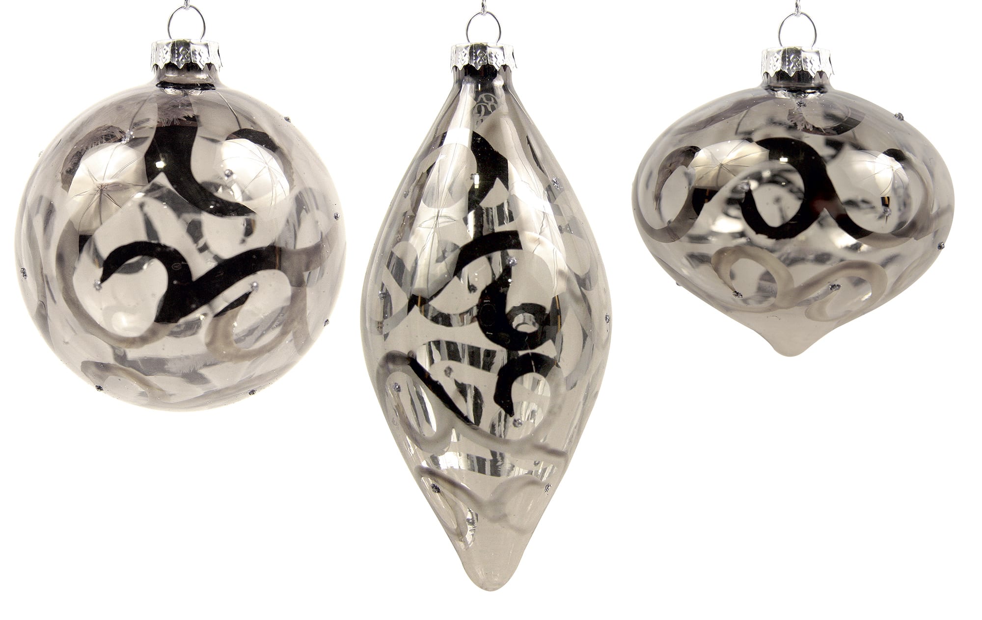 GIOCOPLAST NATALE - SFERA VETRO D.80 BRUNITA DEC. SPIRALE ARG., 3 FORME ASS., IN DISPLAY DA 12PZ.