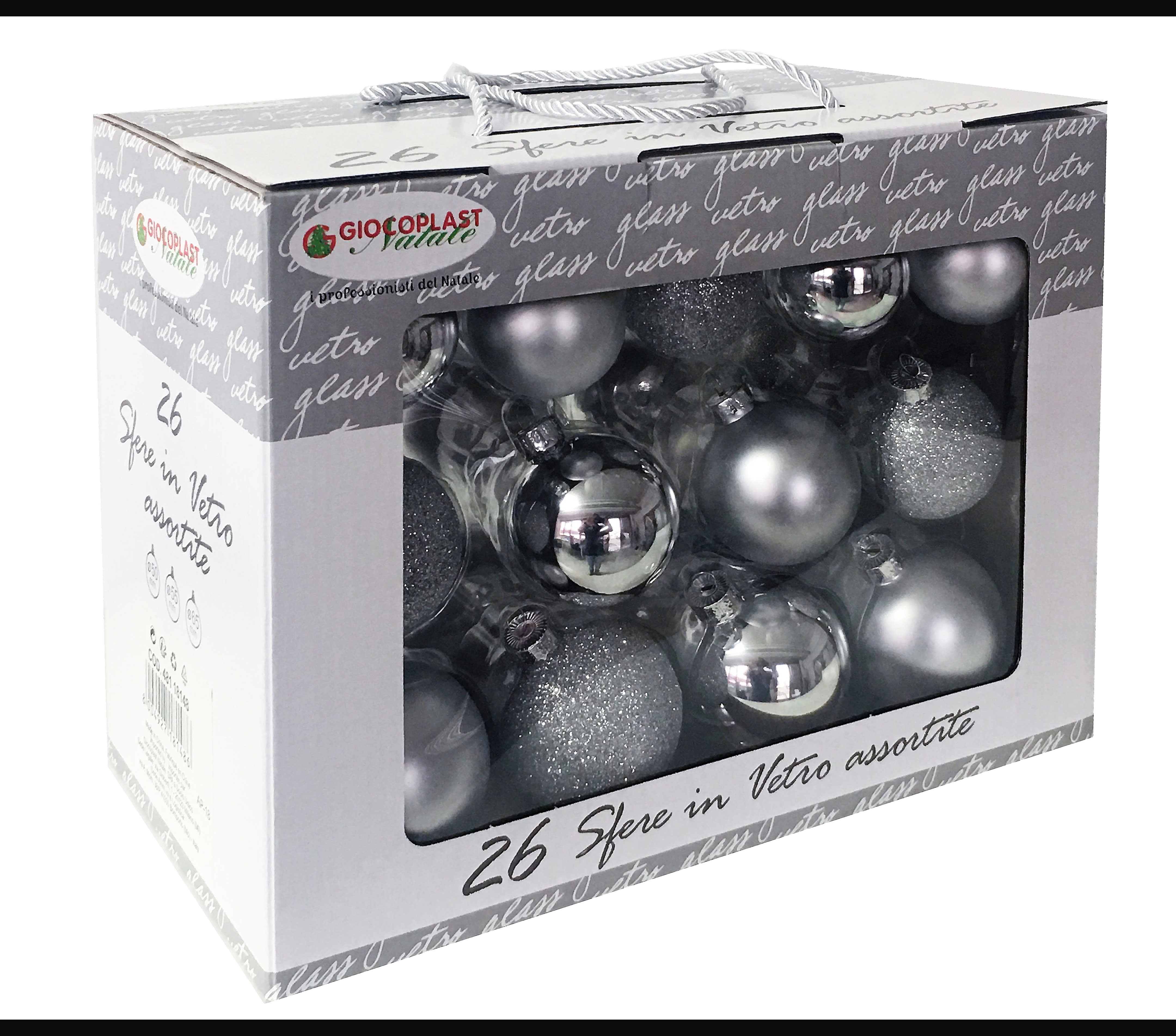 GIOCOPLAST NATALE - VALUE PACK 26 SFERE VETRO ARGENTO MET-MATT-GLITTER D.50/55/65MM ASS. 48118148