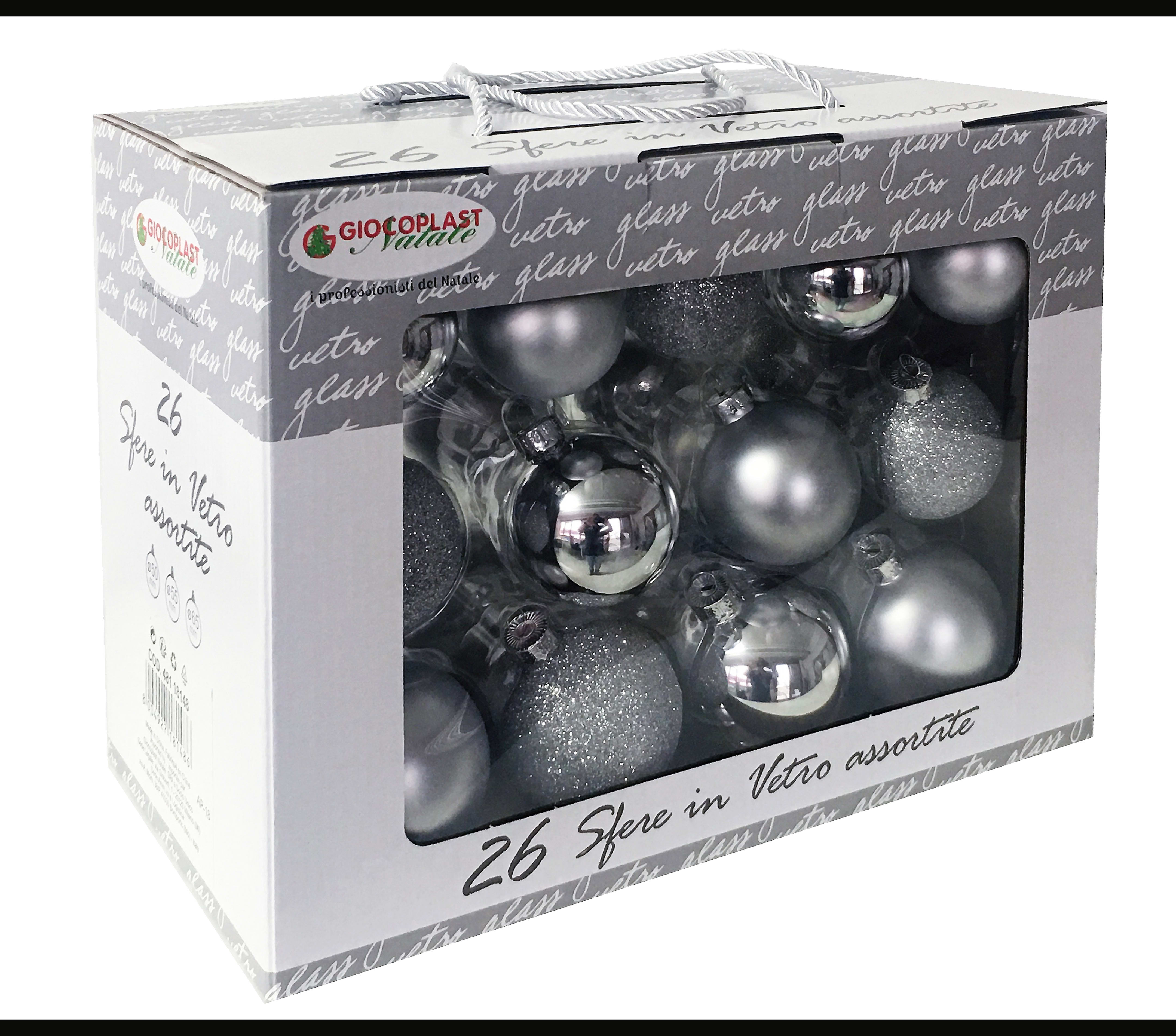 GIOCOPLAST NATALE - VALUE PACK 26 SFERE VETRO ARGENTO MET-MATT-GLITTER D.50/55/65MM ASS.