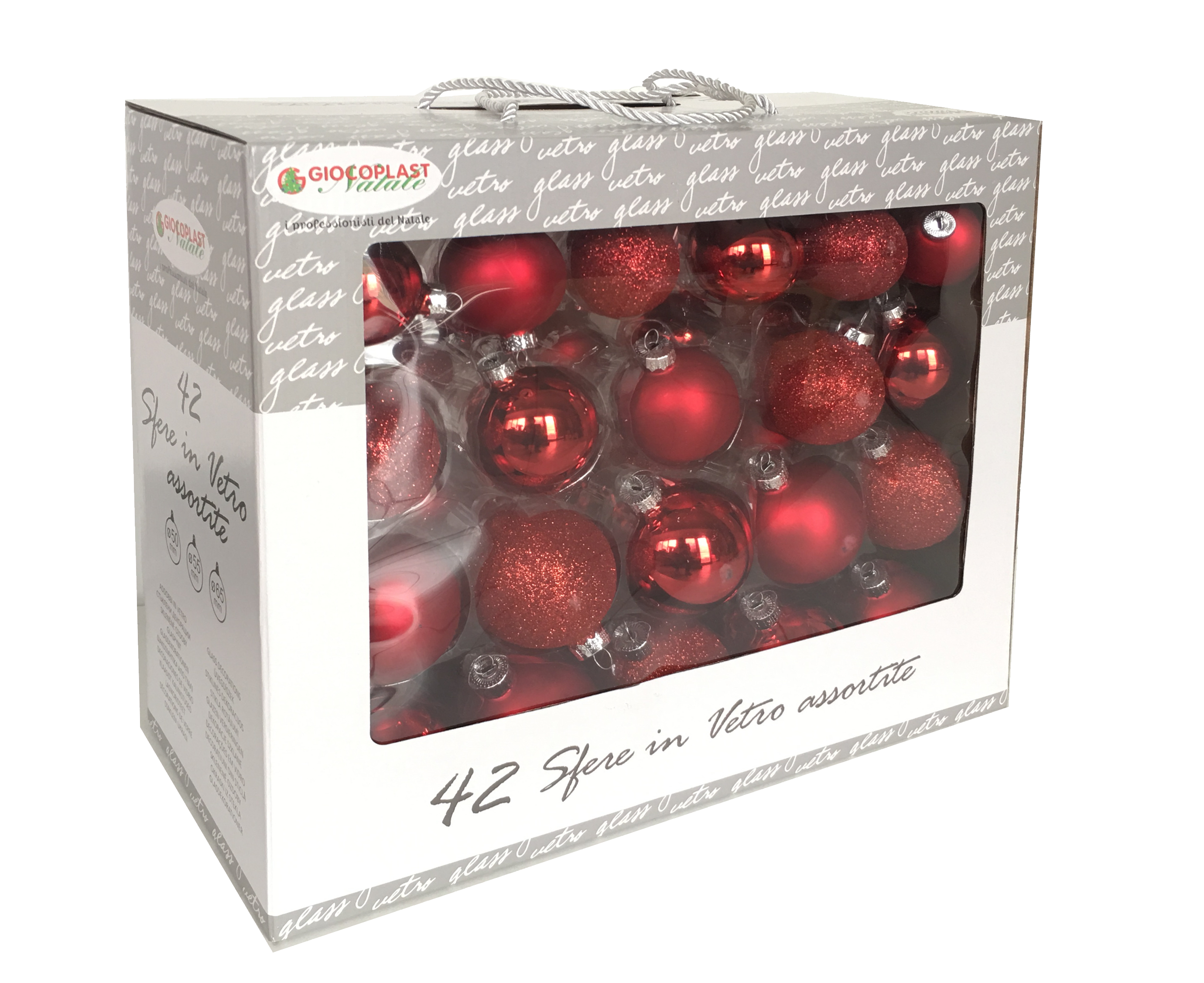 GIOCOPLAST NATALE - VALUE PACK 42 SFERE VETRO ROSSE MET-MATT-GLITTER D.50/55/65MM ASS.