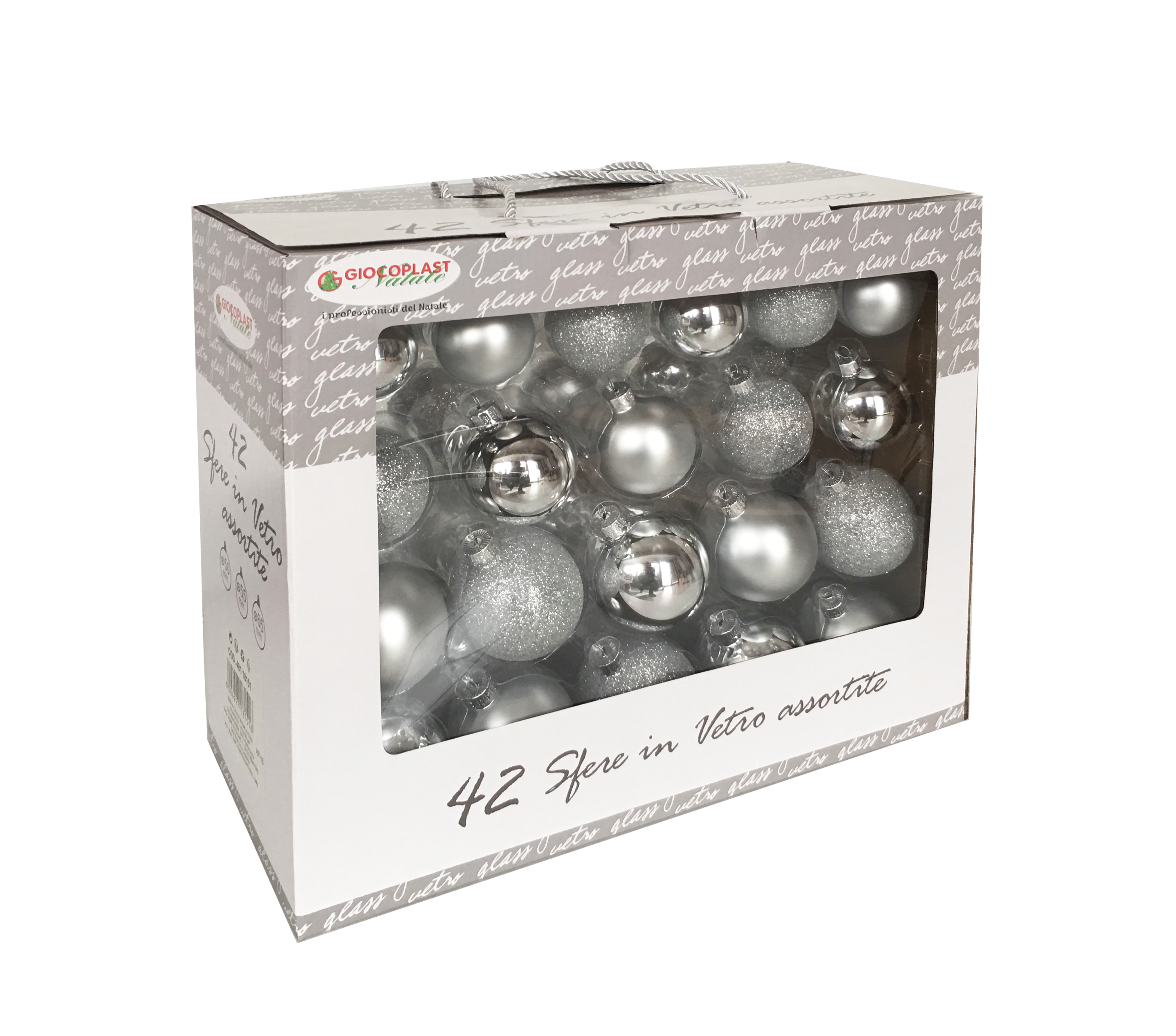 GIOCOPLAST NATALE - VALUE PACK 42 SFERE VETRO ARGENTO MET-MATT-GLITTER D.50/55/65MM ASS.