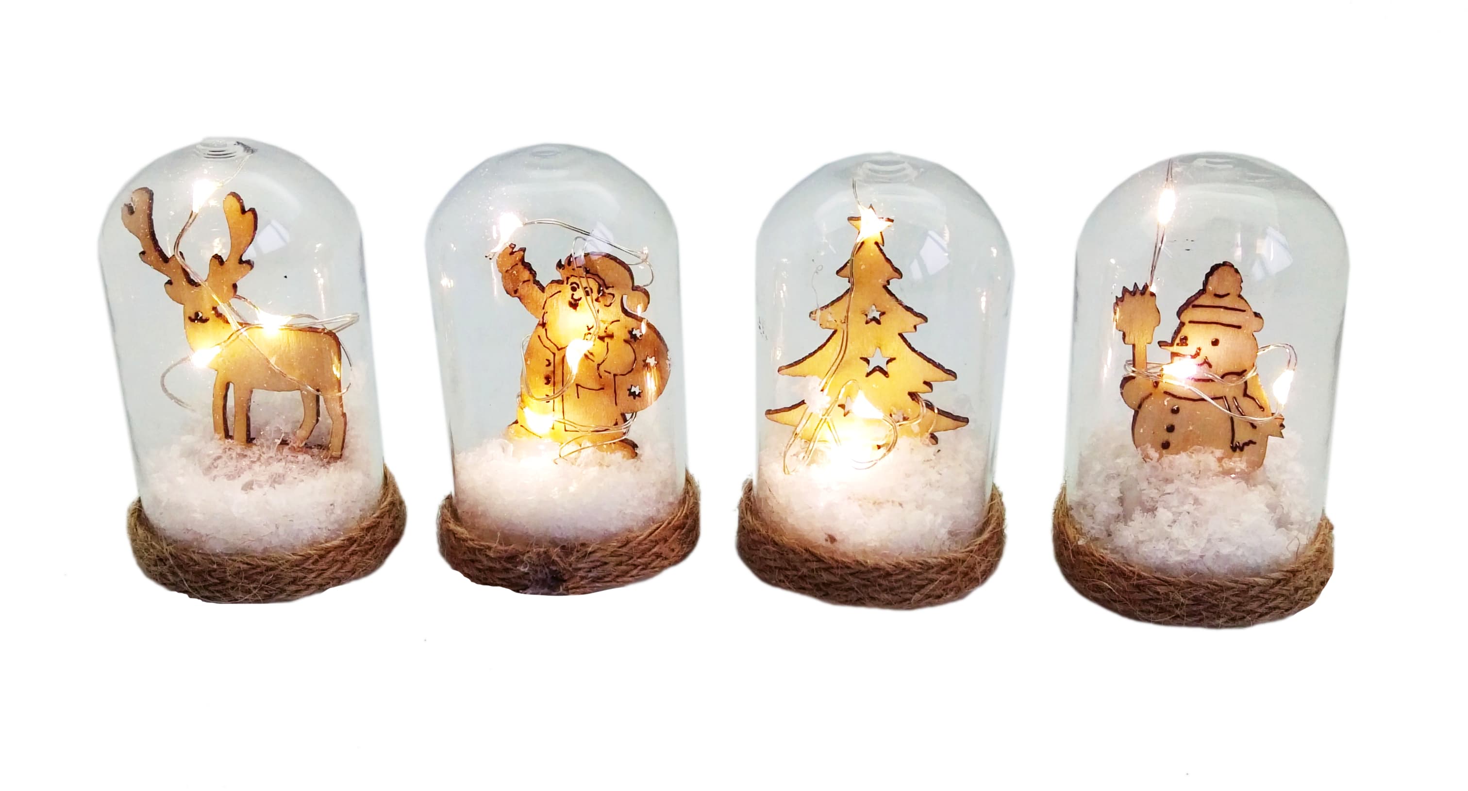 GIOCOPLAST NATALE - MINI TECA IN VETRO 7 CM CON SOGGETTO IN LEGNO,NEVE E LUCE LED A BATTERIE, SOGG. ASS.