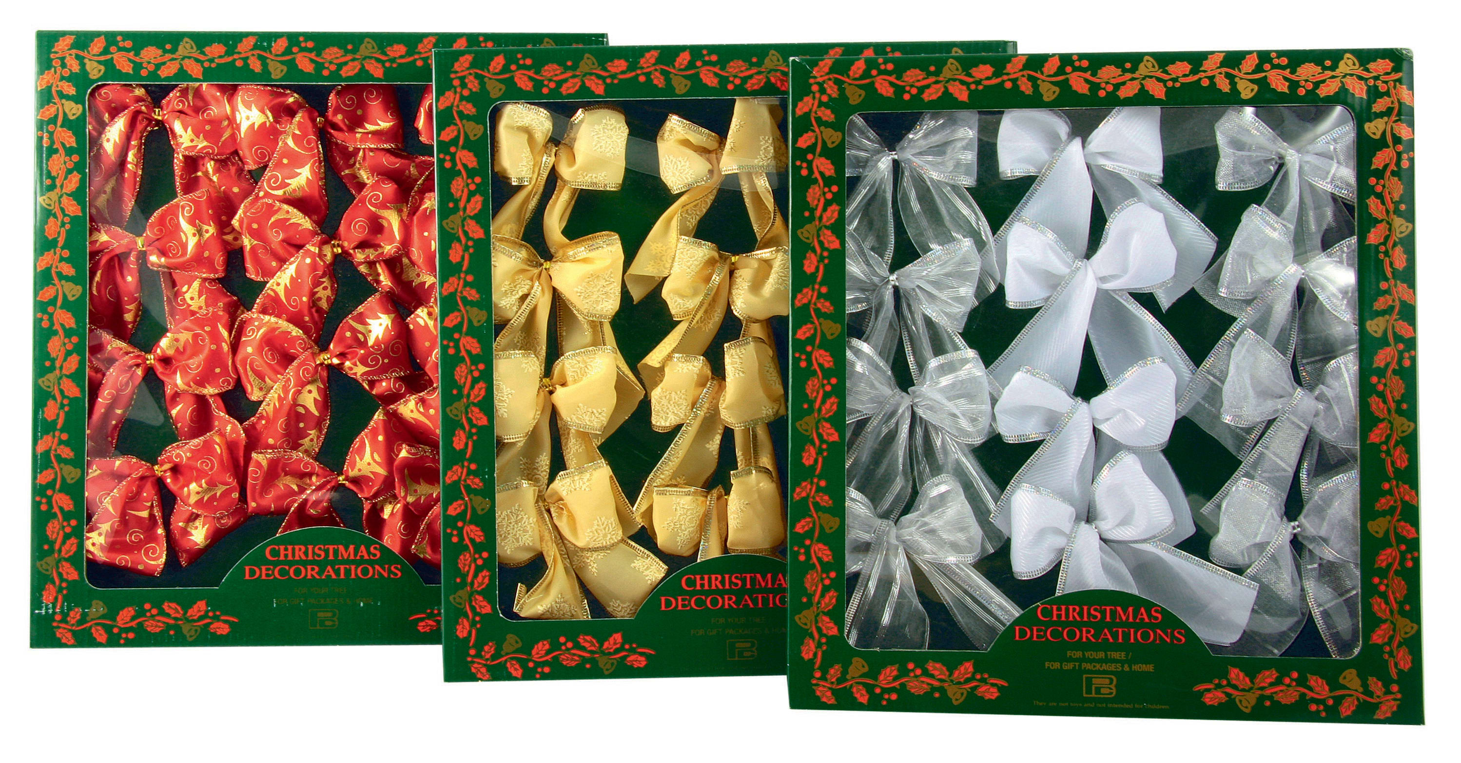GIOCOPLAST NATALE - SCAT. 12 FIOCCHI CM.12, 3 COL.: ROSSO, ORO, ARG.