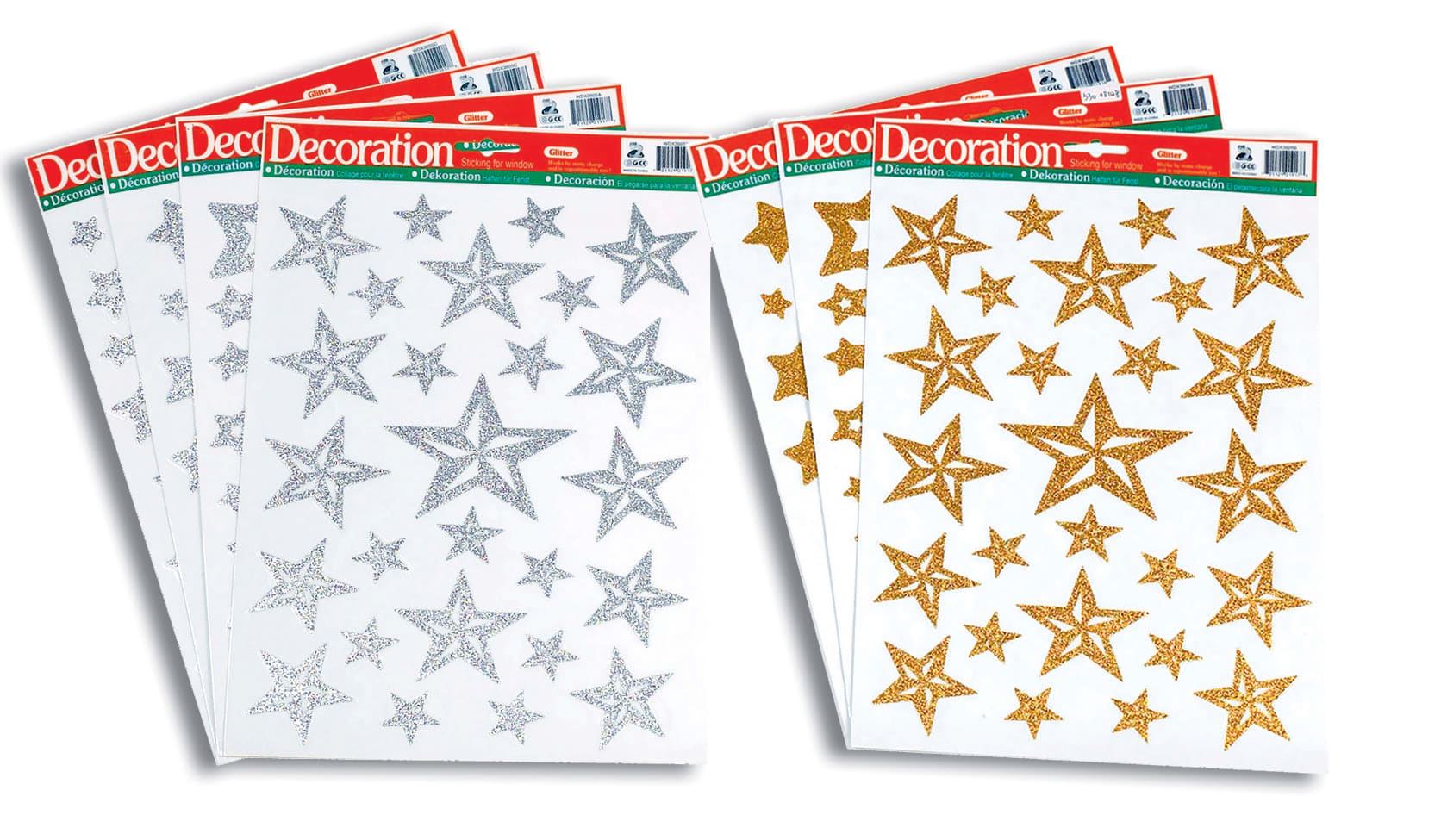GIOCOPLAST NATALE - VETROFANIE STELLE GLITTERATE ORO E ARG. CM.22X32, 8 ASS.