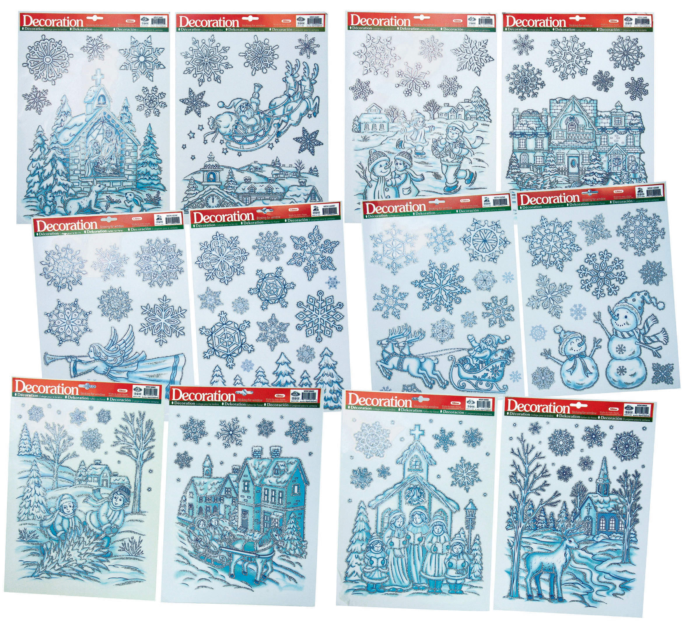 GIOCOPLAST NATALE - STICKER PAESAGGI E FIOCCHI BIANCHI E AZZURRI CM.43X30, 12 SOGG. ASS.
