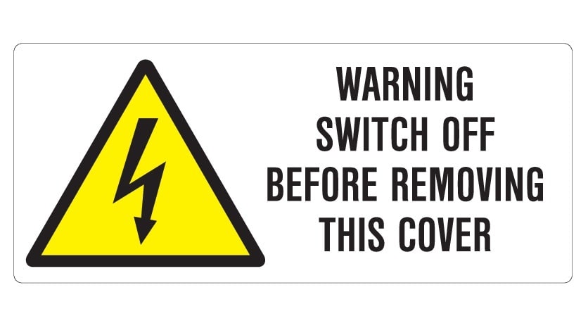 GRAFOPLAST - Etichetta "WARNING SWITCH OFF BEFORE REMOVING THIS COVER " in policarbonato adesivo dimensioni L=140 mm, H=60 mm, 6 pz per foglio