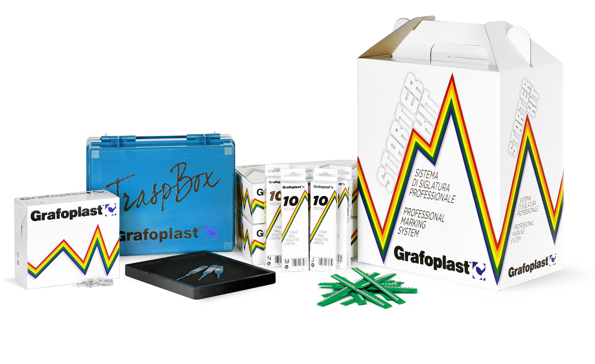 GRAFOPLAST - Starter Kit con stecche tipo Medio 2,3 mm, tubetti serie 200 lunghezza 15 mm, 2 linguette di metallo , 1 unicino, 1 cartelliera, 1valigetta