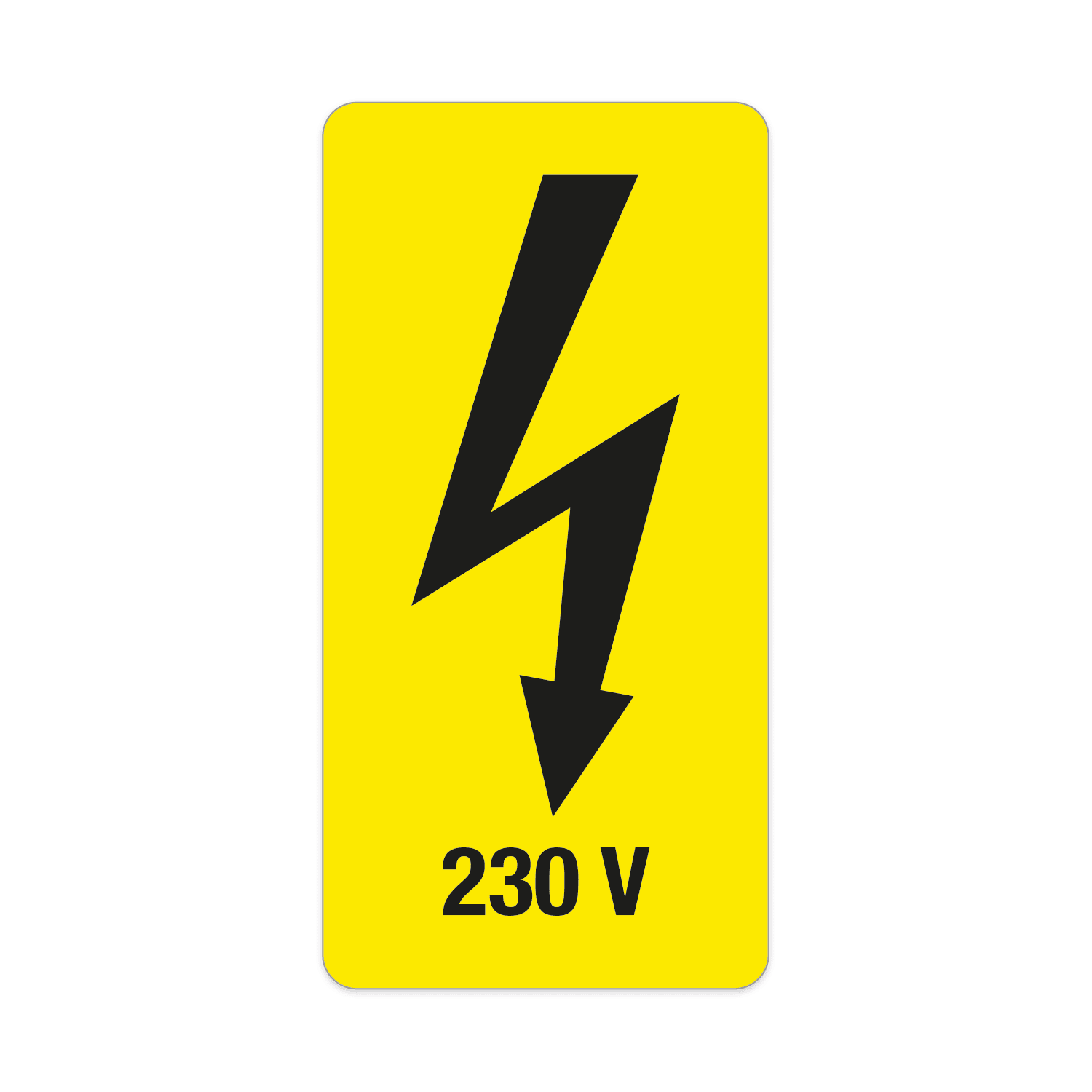 GRAFOPLAST - Etichetta TENSIONE 230 VOLT nero su giallo in policarbonato adesivo dimensioni L=52 mm, H=105 mm, 7 pz per foglio