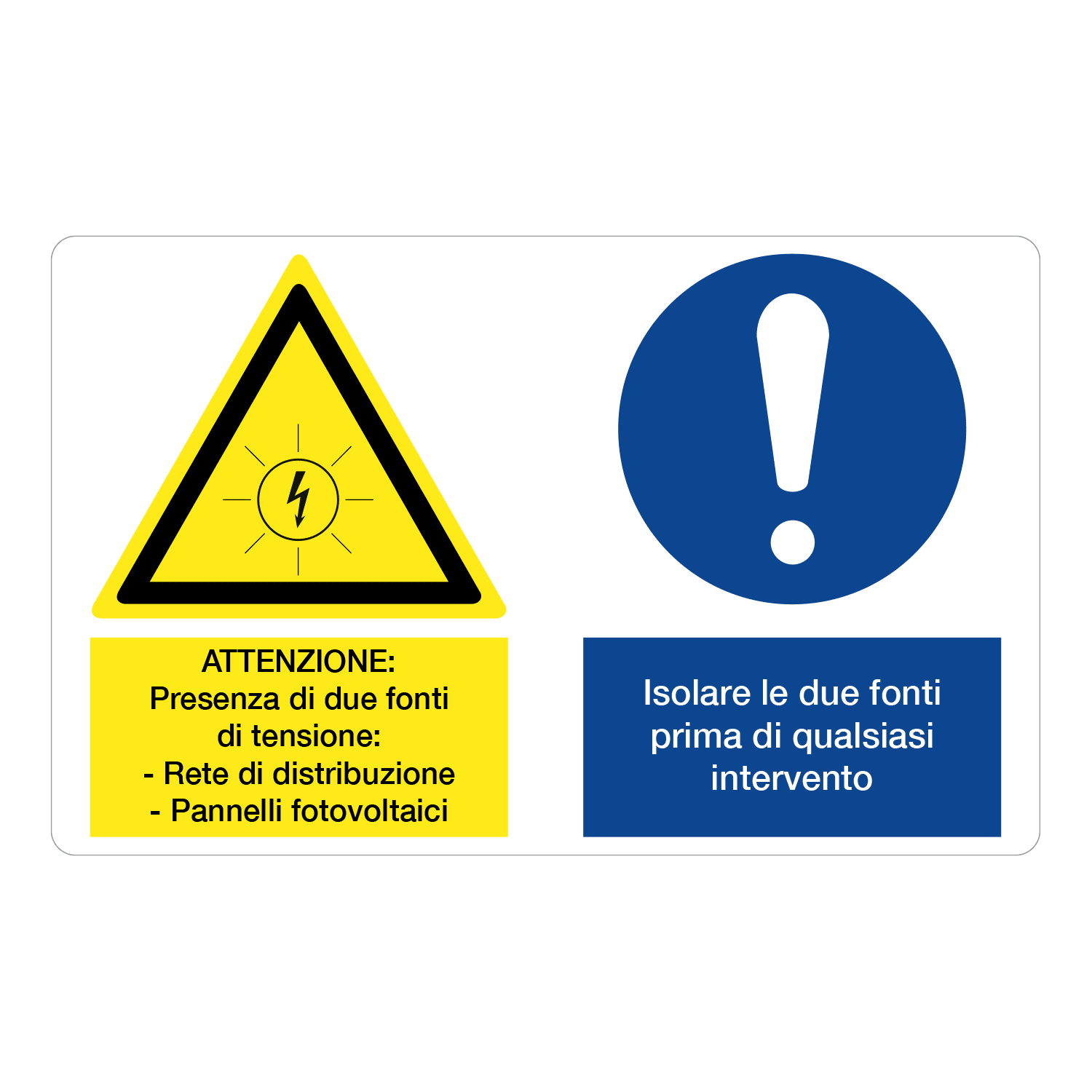 GRAFOPLAST - Etichetta adesiva "att.ne pres.di due fonti di tensione..." dimensioni L=80 mm, H=50 mm, 9 pz per foglio