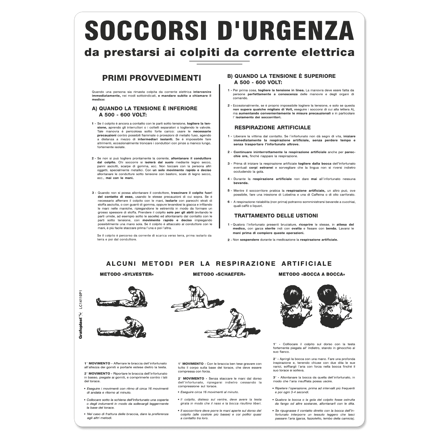 GRAFOPLAST - Cartello "Soccorsi d'urgenza da prestarsi ai colpiti da corrente elettrica" in PVC dimensioni L=350 mm, H=500 mm, 1 pz per foglio LC14110P1