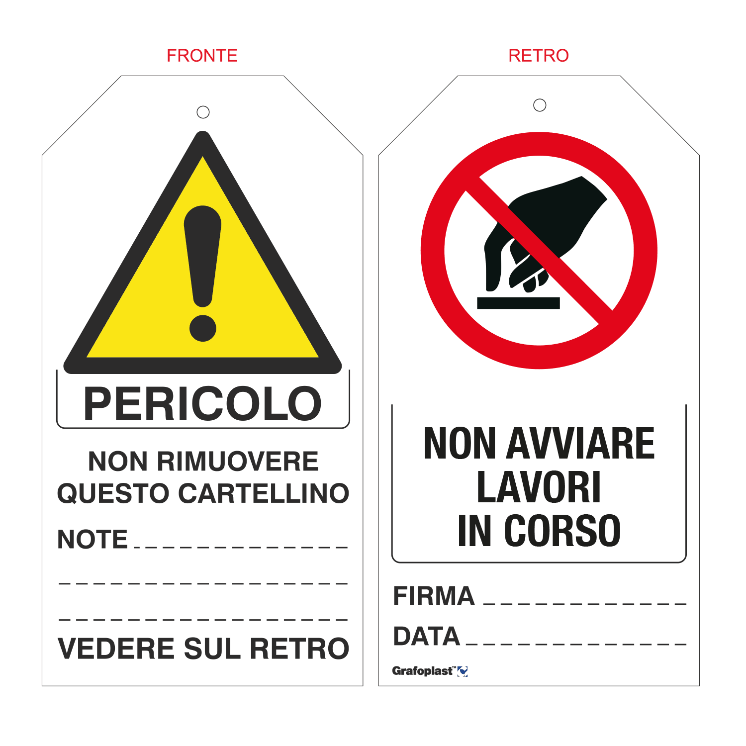 GRAFOPLAST - cartellino bifacciale "non avviare lavori in corso" dimensioni L=78 mm, H=148 mm, 1 pz per foglio