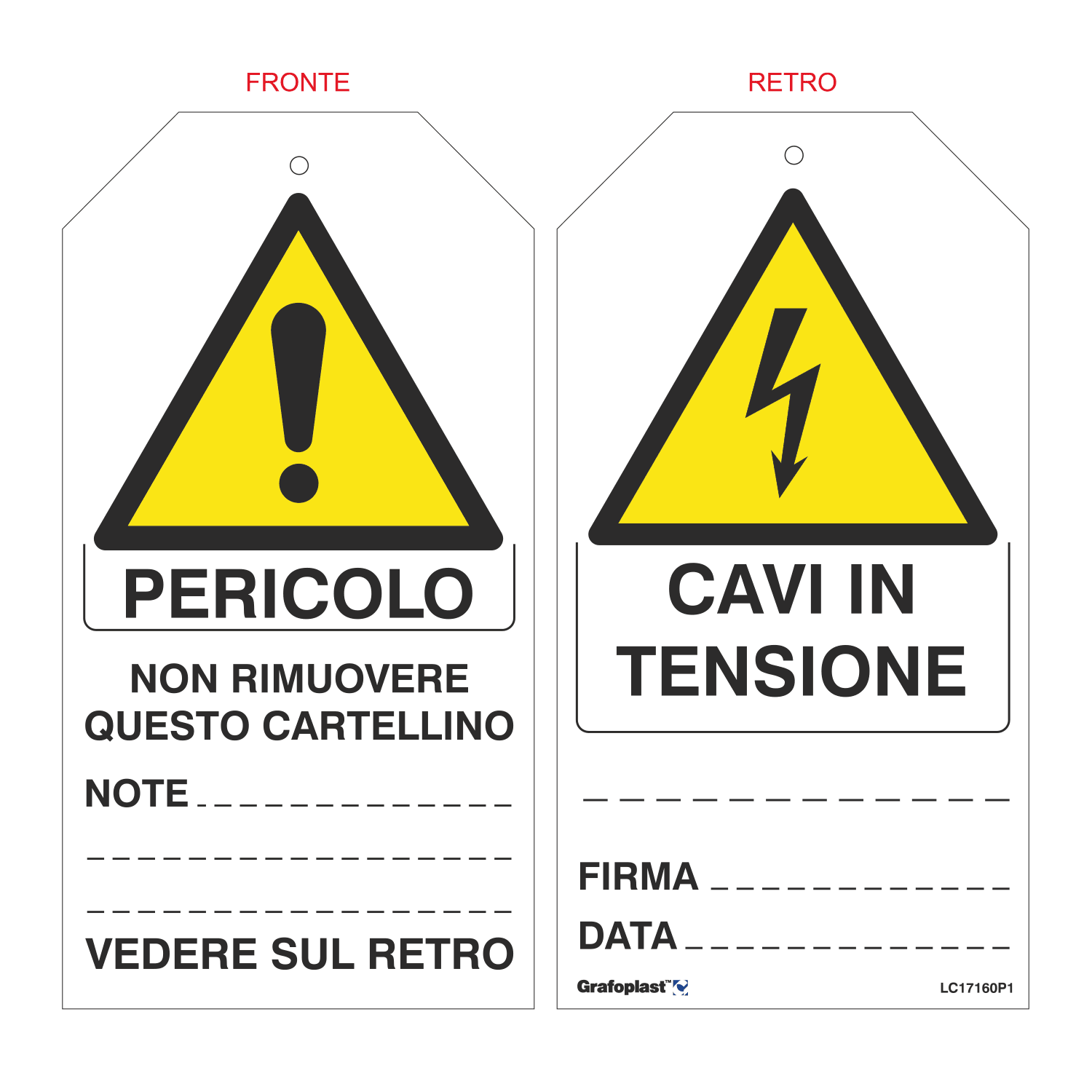 GRAFOPLAST - cartellino bifacciale "cavi in tensione" in PVC dimensioni L=78 mm, H=148 mm, 1 pz per foglio