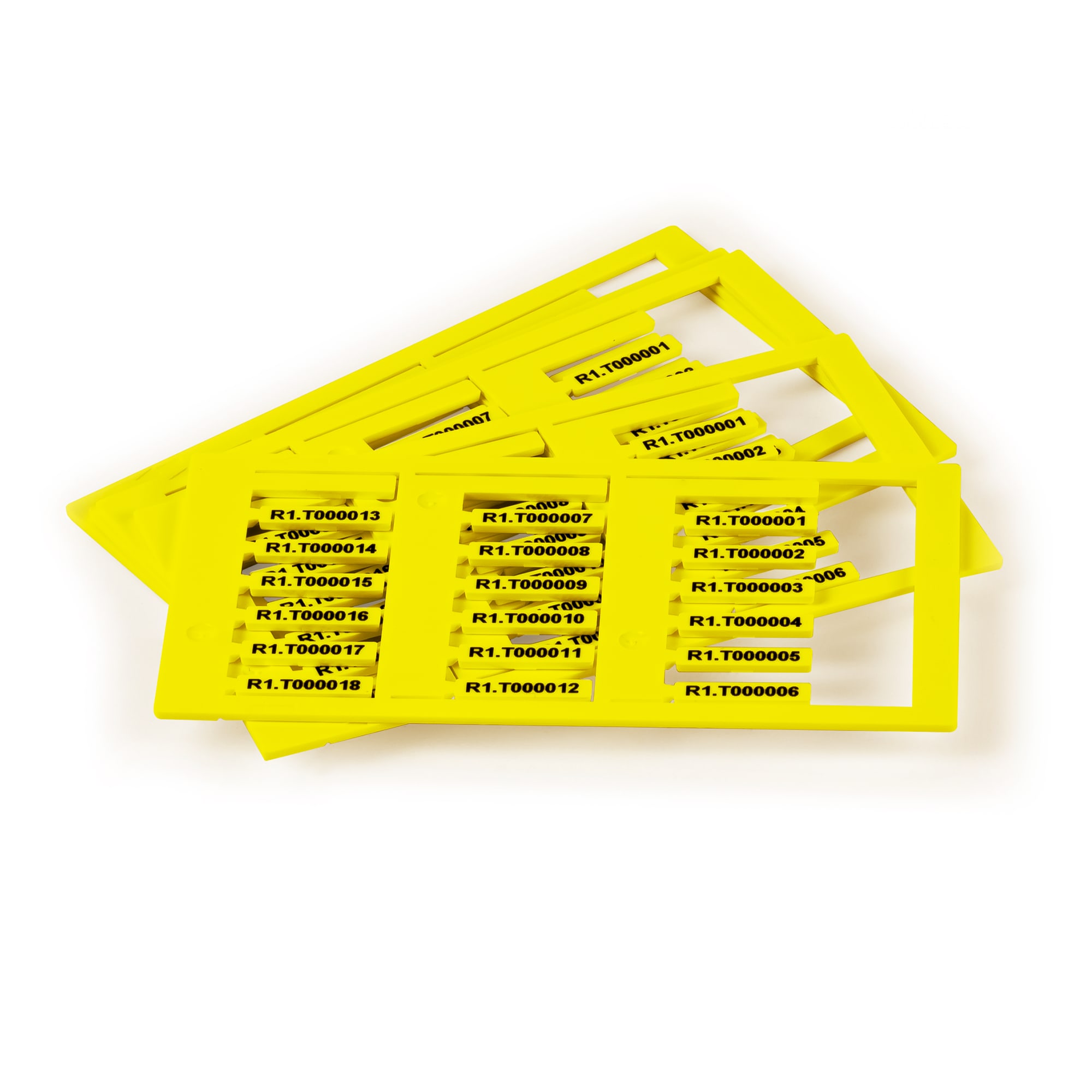 GRAFOPLAST - Tessera rigida per Cavi LUX Giallo  18x4 mm - confezione master carton da 1800 pezzi.  La tessera si applica con facilitè nei tubetti per identificare i singoli cavi. Stampabile consistema a trasferimento termico EVOMAX