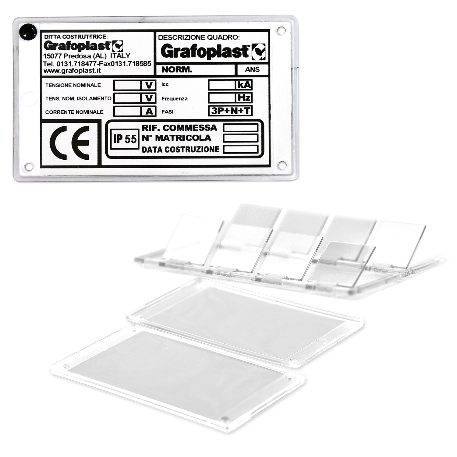 GRAFOPLAST - Vetrino per Portatarga 53x17 mm confezione master carton da 400 pezzi. Il vetrino è utilizzato ove sia richiesta una particolare protezione delle targhette montate nei relativi supporti e si applica mediante semplice pressione.