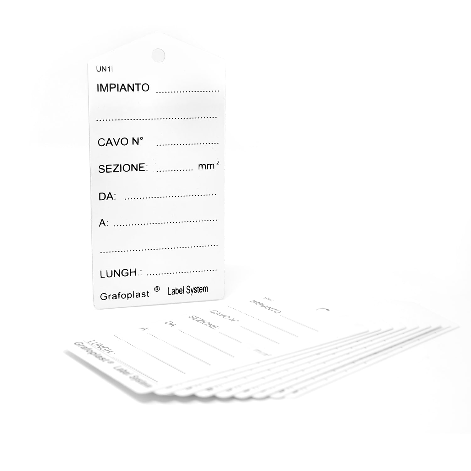 GRAFOPLAST - Cartellino rigido di identificazione conduttori, prestampato su entrambe le facce 50x100 mm Confezione da 10 pezzi. Cartellino applicabile tramite fascette e scrivibile con i pennarelli della serie UP.