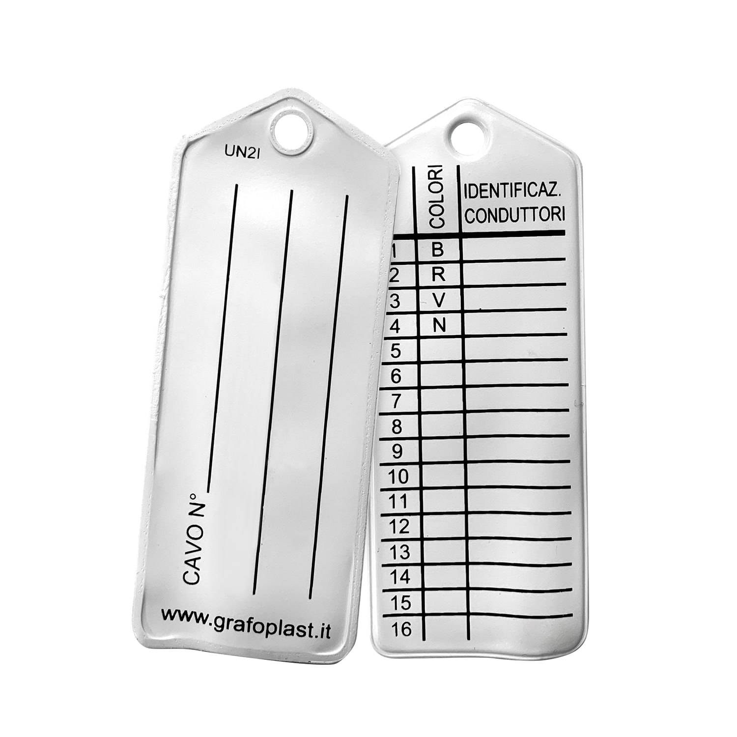 GRAFOPLAST - Cartellino morbido di identificazione conduttori, prestampato su entrambe le facce 40x100 mm Confezione da 100 pezzi. Cartellino applicabile tramite fascette e scrivibile con ipennarelli della serie UP. UN2I