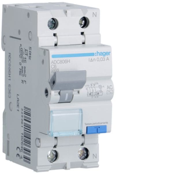 HAGER BOCCHIOTTI - Interruttore Magnetotermico Differenziale 1P+N 4.5Ka C-6A 30Ma  Ac 2M