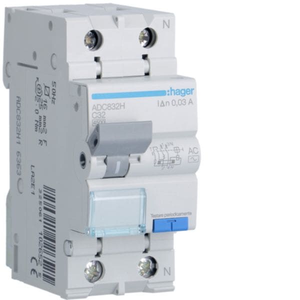 HAGER BOCCHIOTTI - Interruttore Magnetotermico Differenziale 1P+N 4.5Ka C-32A 30Ma  Ac 2M