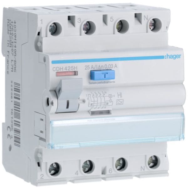HAGER BOCCHIOTTI - Interruttore Differenziale Puro Acc. 4 Poli 30 Ma 25 A tipo A HI 4 M. Din