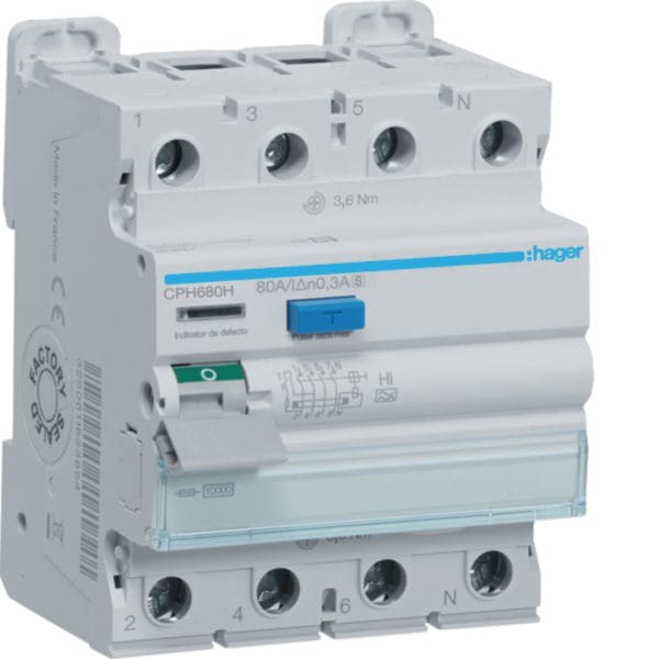 HAGER BOCCHIOTTI - INTERRUTTORE DIFFERENZIALE ACCESSORIABILE 4P 300MA 80A TIPO A HI SEL  4M