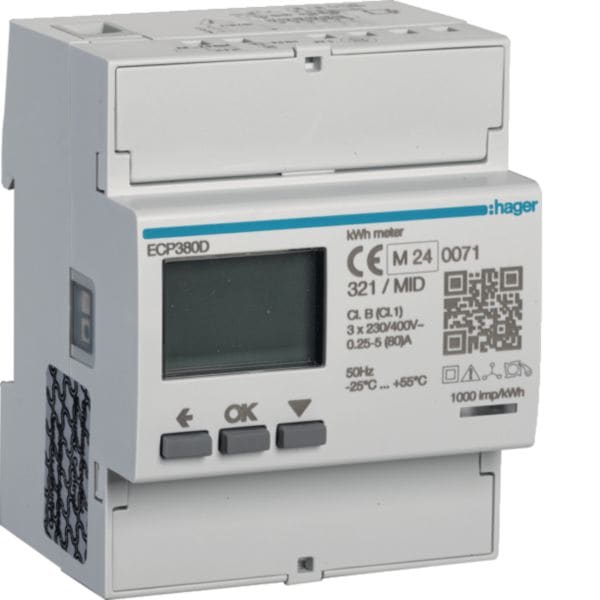 HAGER BOCCHIOTTI - CONTATORE TRIFASE DIRETTO 80A USCITA IMPULSI MID 4MOD