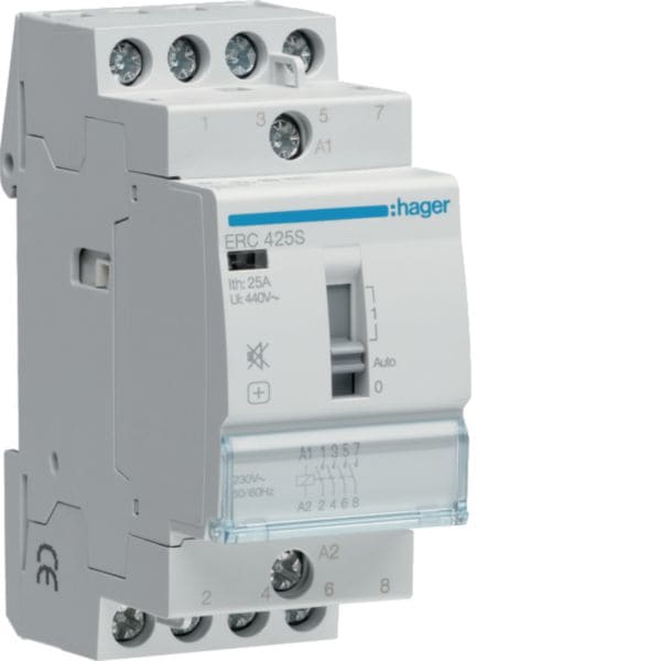 HAGER BOCCHIOTTI - Contattore Comando Manuale Silenzioso 4 Na 230 V Ac 25 A 2 M. Din