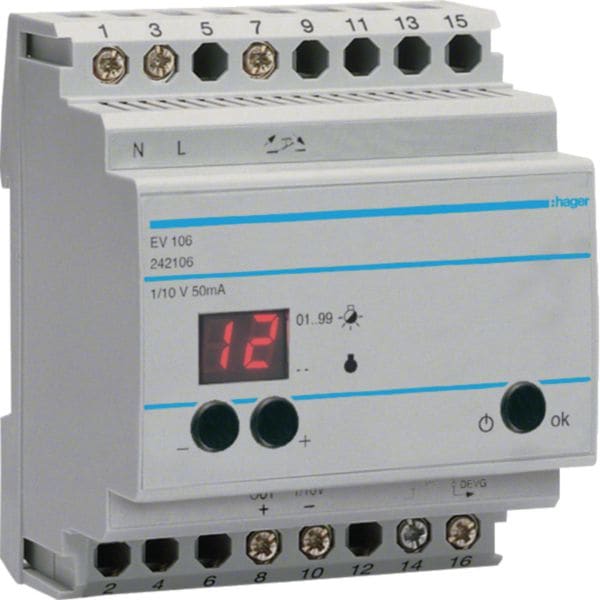 HAGER BOCCHIOTTI - Dimmer Pilota 1-10V X Controllo Fino A 30 Moduli Ev100-Ev102 - 4 Mod.Din
