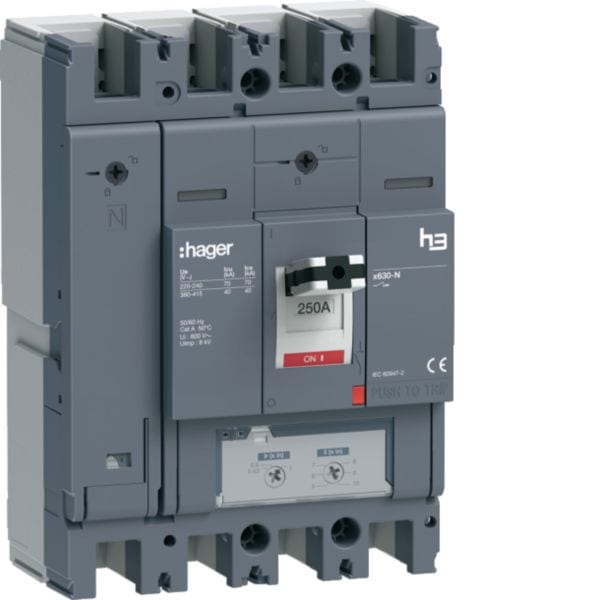 HAGER BOCCHIOTTI - Interruttore automatico h3 x630 tm 4poli 250A 40kA neutro regolabile