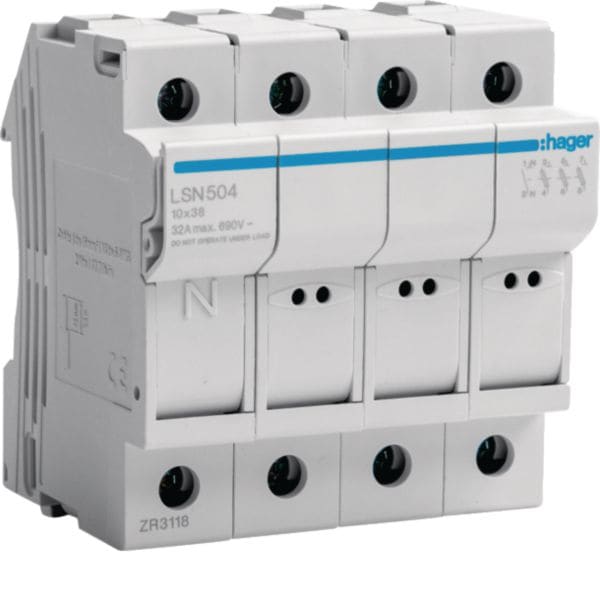 HAGER BOCCHIOTTI - Portafusibile Sezionabile L38 32 A 10X38 Mm 3 Poli+N 4 M. Din