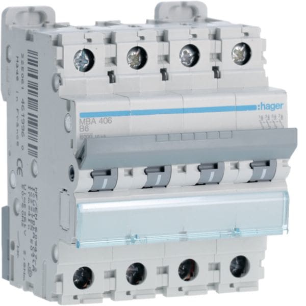 HAGER BOCCHIOTTI - Interruttore Automatico Magnetotermico 4 Poli 6 A 6 Ka Curva B 4 M. Din