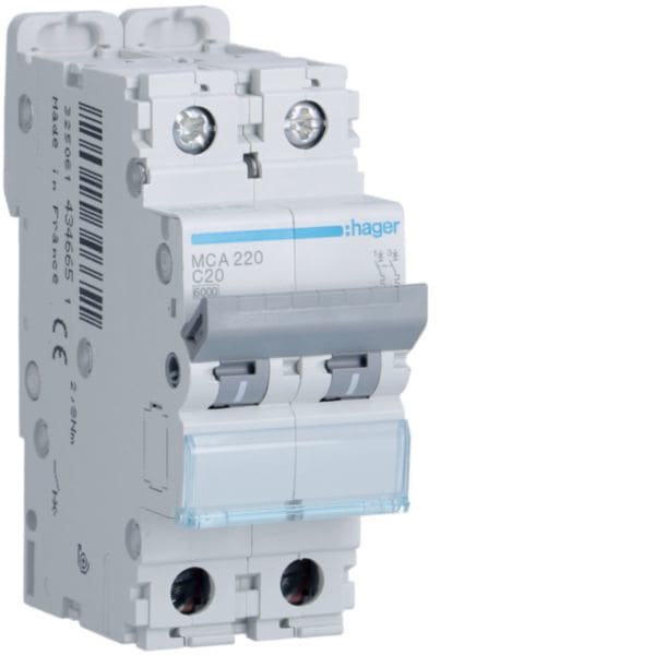 HAGER BOCCHIOTTI - Interruttore Automatico Magnetotermico 2 Poli 20 A 6 Ka Curva C 2 M. Din