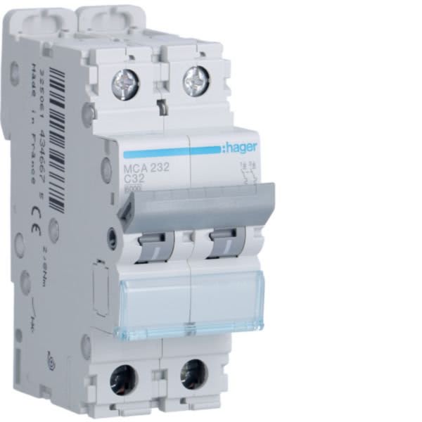 HAGER BOCCHIOTTI - Interruttore Automatico Magnetotermico 2 Poli 32 A 6 Ka Curva C 2 M. Din