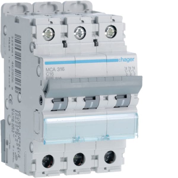 HAGER BOCCHIOTTI - Interruttore Automatico Magnetotermico 3 Poli 16 A 6 Ka Curva C 3 M. Din