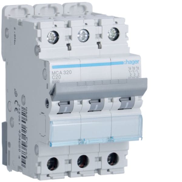 HAGER BOCCHIOTTI - Interruttore Automatico Magnetotermico 3 Poli 20 A 6 Ka Curva C 3 M. Din