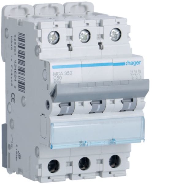 HAGER BOCCHIOTTI - Interruttore Automatico Magnetotermico 3 Poli 50 A 6 Ka Curva C 3 M. Din