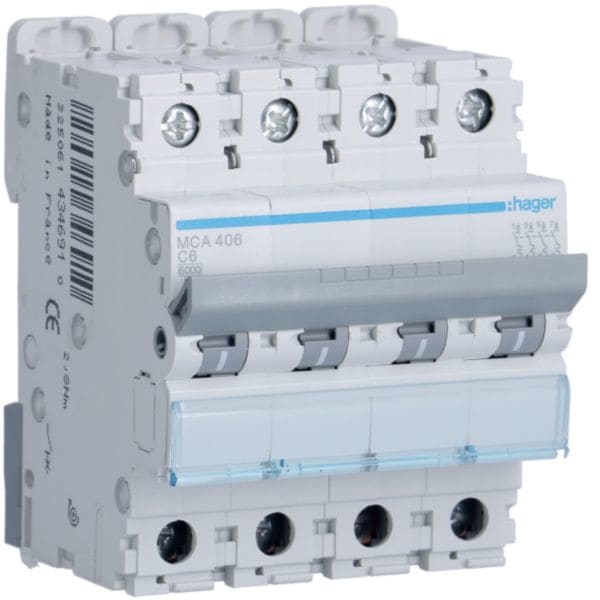 HAGER BOCCHIOTTI - Interruttore Automatico Magnetotermico 4 Poli 6 A 6 Ka Curva C 4 M. Din