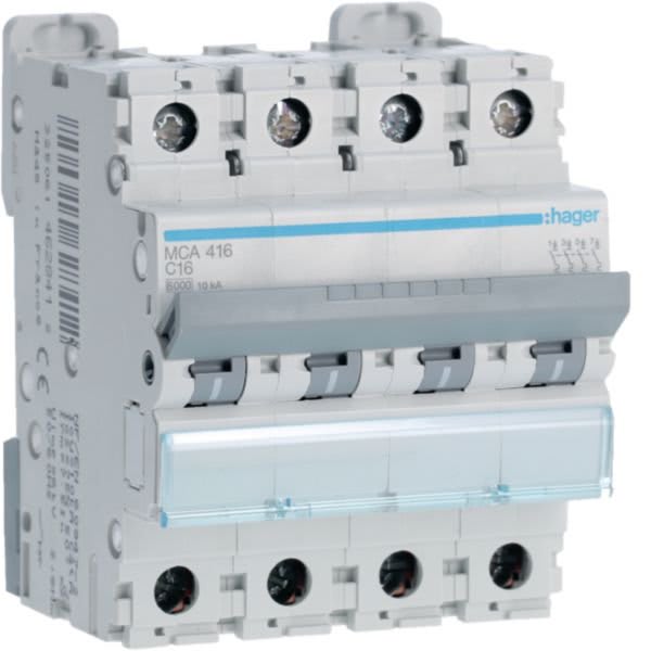 HAGER BOCCHIOTTI - Interruttore Automatico Magnetotermico 4 Poli 16 A 6 Ka Curva C 4 M. Din
