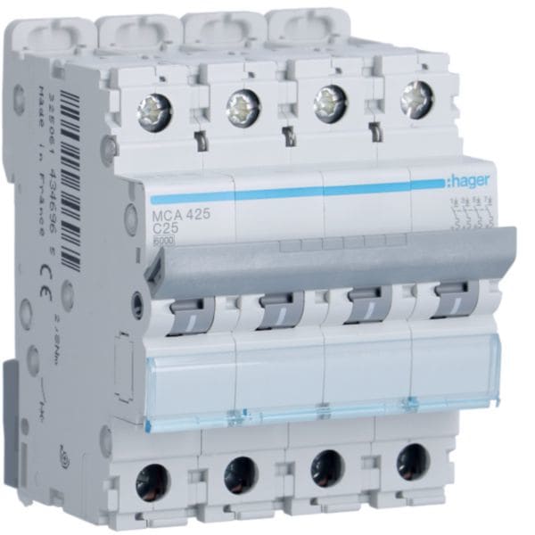 HAGER BOCCHIOTTI - Interruttore Automatico Magnetotermico 4 Poli 25 A 6 Ka Curva C 4 M. Din