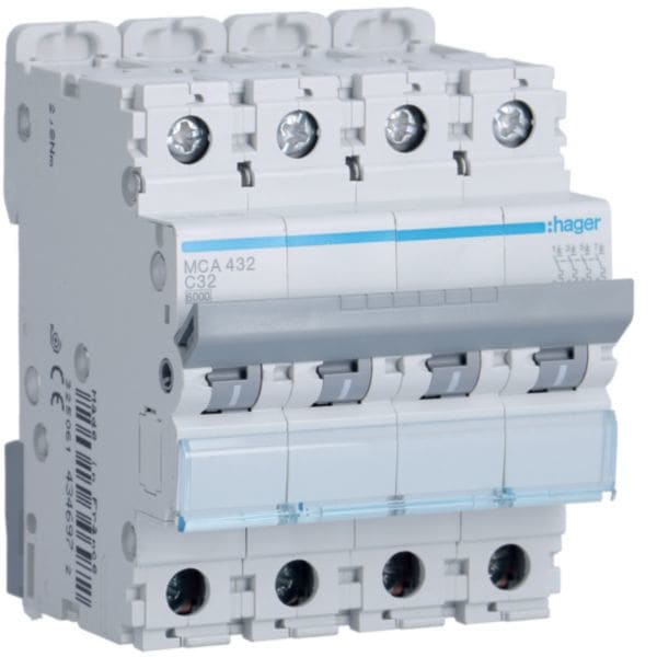 HAGER BOCCHIOTTI - Interruttore Automatico Magnetotermico 4 Poli 32 A 6 Ka Curva C 4 M. Din