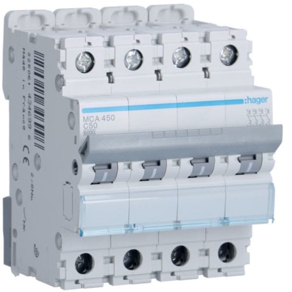 HAGER BOCCHIOTTI - Interruttore Automatico Magnetotermico 4 Poli 50 A 6 Ka Curva C 4 M. Din