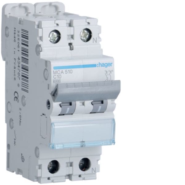 HAGER BOCCHIOTTI - Interruttore Automatico Magnetotermico 1 Polo+N 10 A 6 Ka Curva C 2 M.